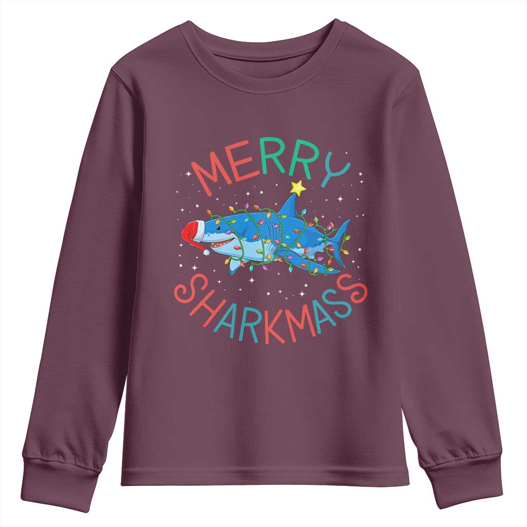 Christmas Shark Youth Sweatshirt Funny Merry Sharkmas Xmas Gift TS12 Maroon Print Your Wear