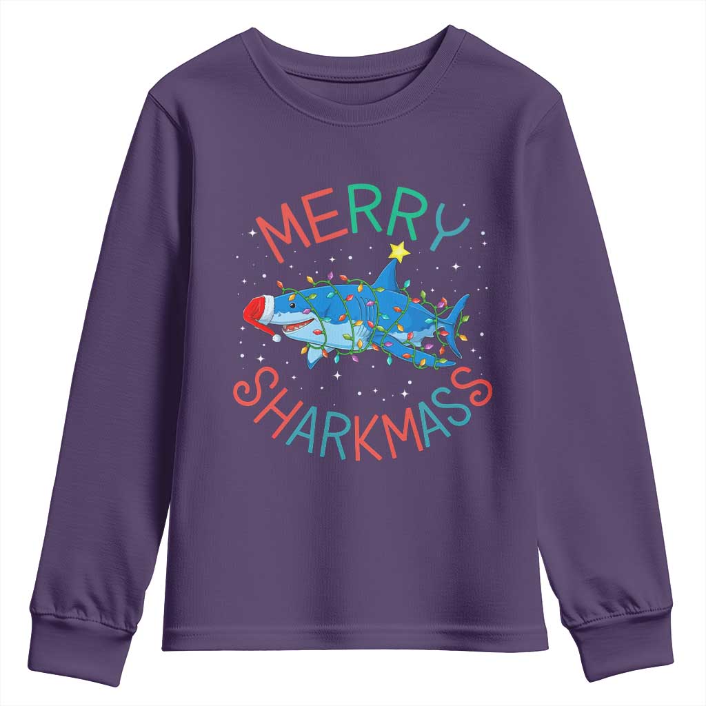 Christmas Shark Youth Sweatshirt Funny Merry Sharkmas Xmas Gift TS12 Purple Print Your Wear