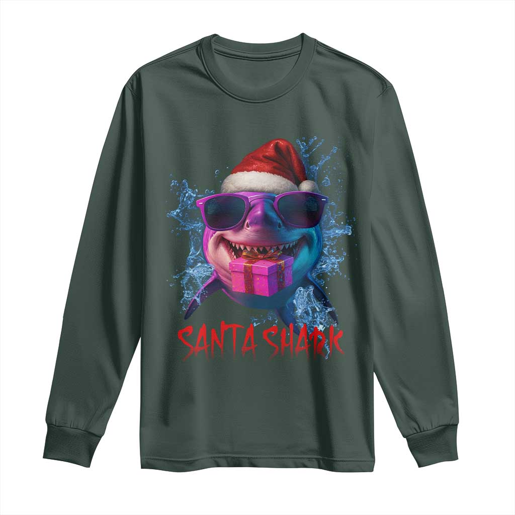 Funny Christmas Santa Shark Xmas Gift Long Sleeve Shirt TS12 Dark Forest Green Print Your Wear
