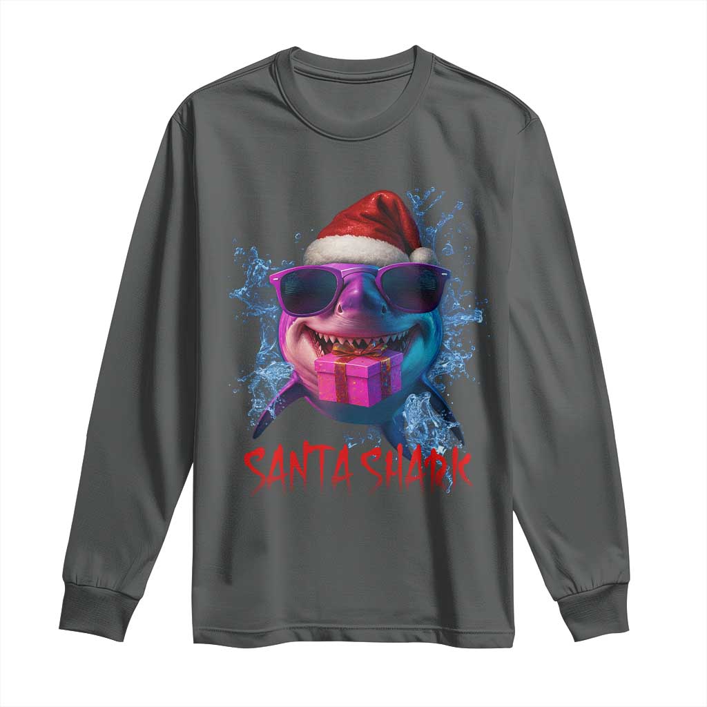 Funny Christmas Santa Shark Xmas Gift Long Sleeve Shirt TS12 Dark Heather Print Your Wear