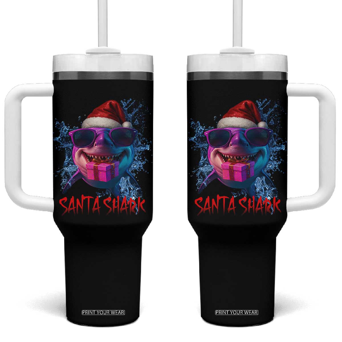 Funny Christmas Santa Shark Xmas Gift Tumbler With Handle TS12 One Size: 40 oz Black Print Your Wear