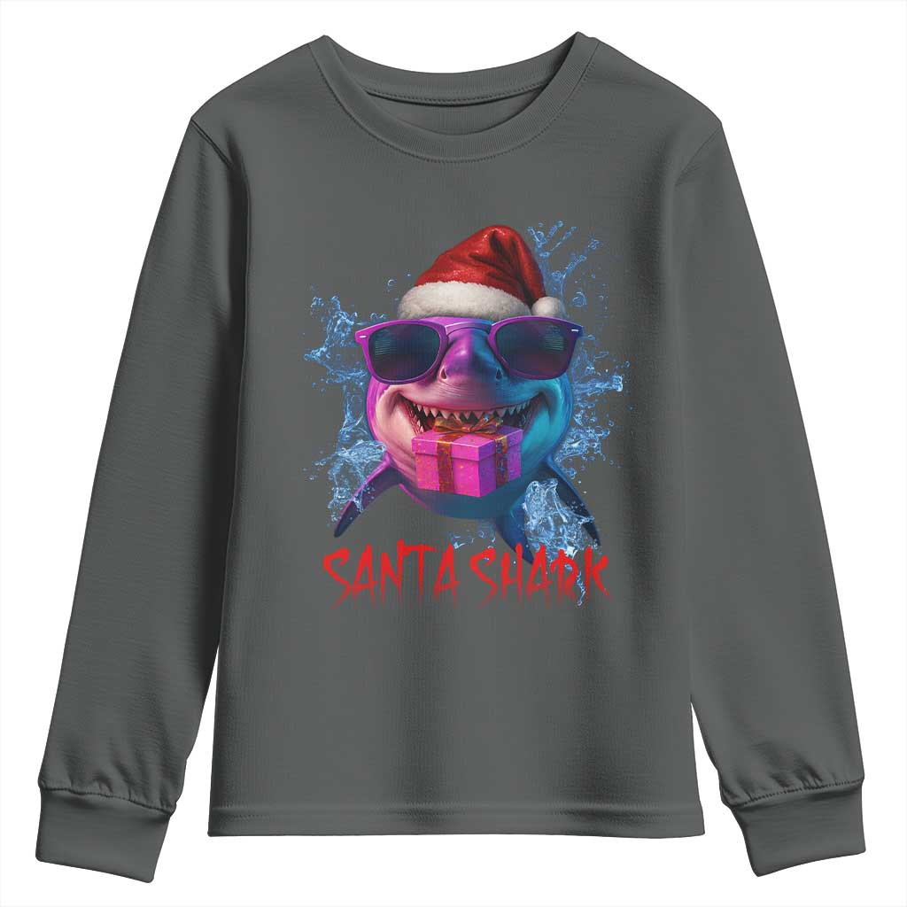 Funny Christmas Santa Shark Xmas Gift Youth Sweatshirt TS12 Dark Heather Print Your Wear
