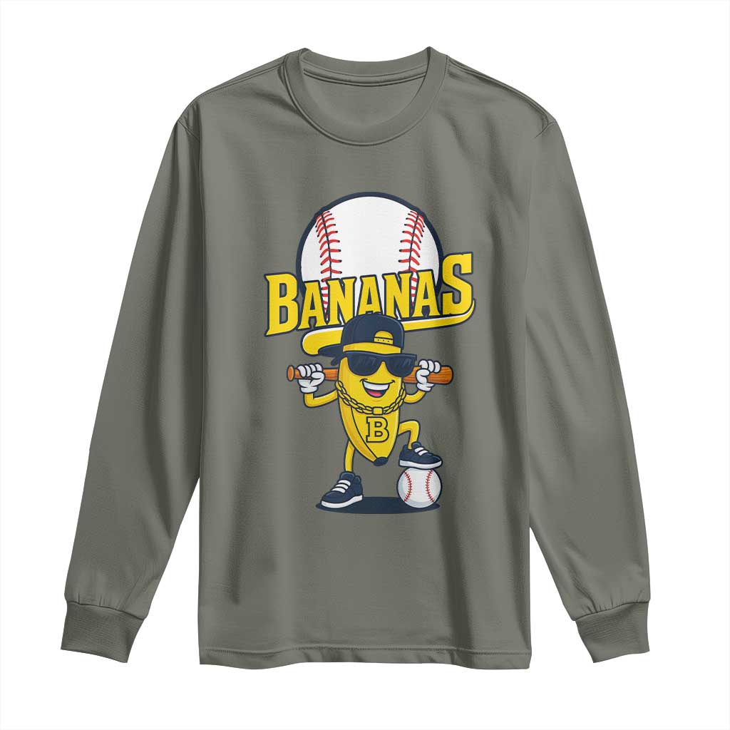 Cool Banana Playing Baseball Long Sleeve Shirt Funny Fruit Sports Gift TS12 Military Green Print Your Wear