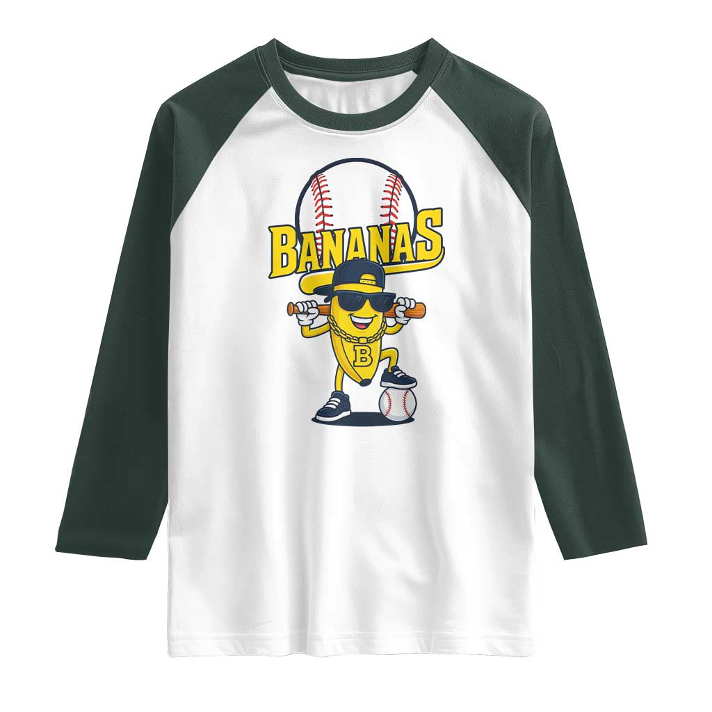 Cool Banana Playing Baseball Raglan Shirt Funny Fruit Sports Gift TS12 White Dark Forest Green Print Your Wear