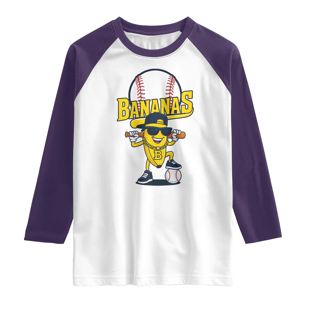 Cool Banana Playing Baseball Raglan Shirt Funny Fruit Sports Gift TS12 White Purple Print Your Wear