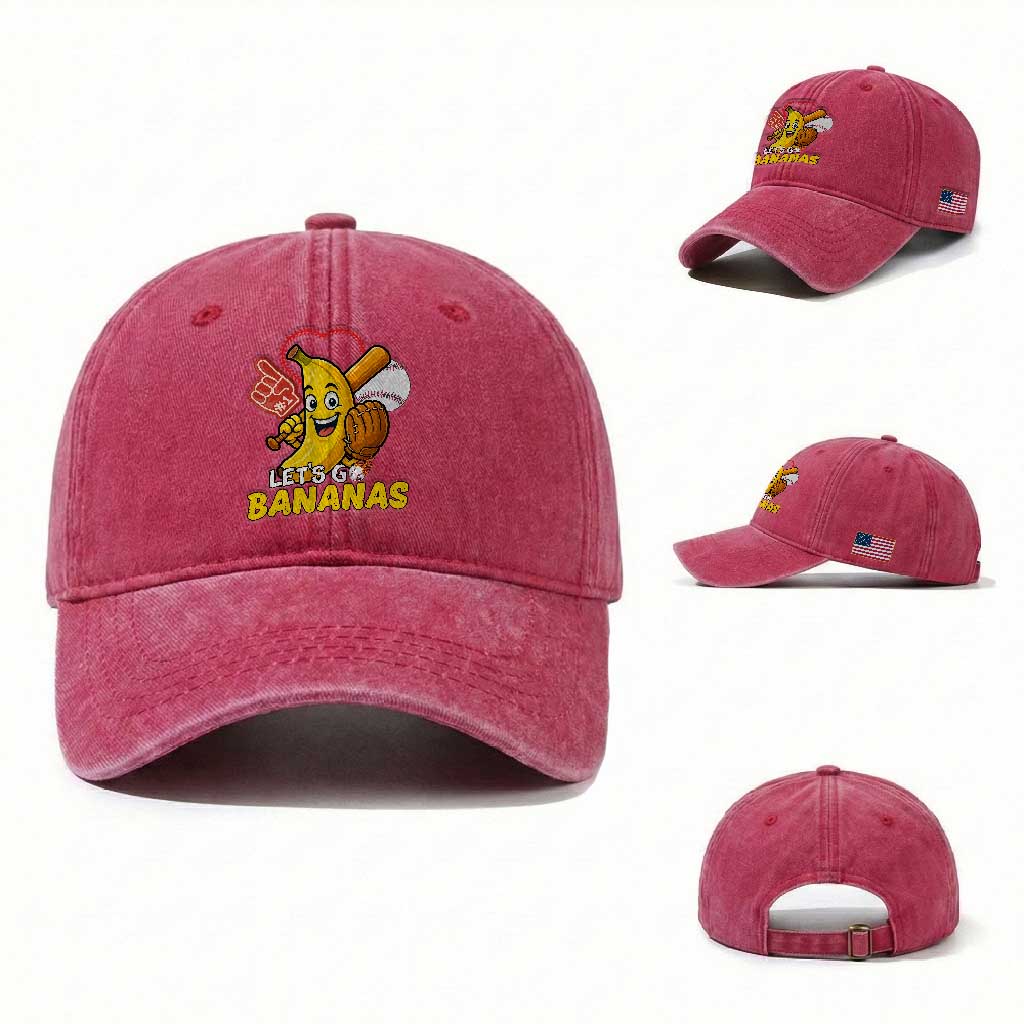 Funny Baseball Washed Cotton Baseball Cap Lets Go Bananas Fruit Sports Lover Gift TS12 Washed Cap Universal Fit Red Print Your Wear