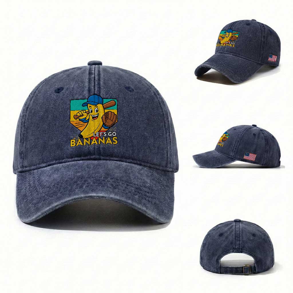 Lets Go Bananas Washed Cotton Baseball Cap Funny Banana Baseball Fruit Sports Gift TS12 Washed Cap Universal Fit Navy Print Your Wear