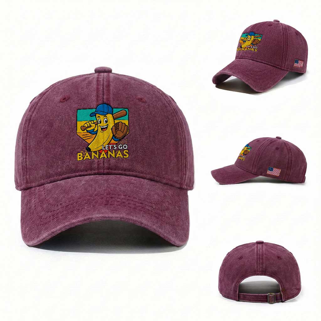 Lets Go Bananas Washed Cotton Baseball Cap Funny Banana Baseball Fruit Sports Gift TS12 Washed Cap Universal Fit Burgundy Print Your Wear