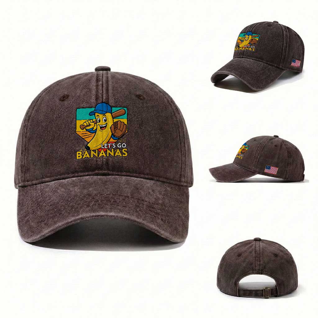 Lets Go Bananas Washed Cotton Baseball Cap Funny Banana Baseball Fruit Sports Gift TS12 Washed Cap Universal Fit Dark Brown Print Your Wear