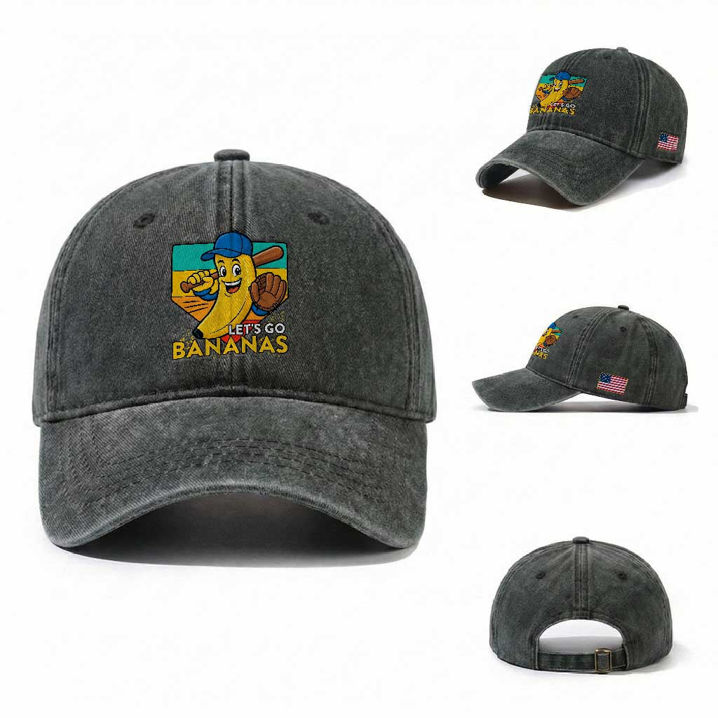 Lets Go Bananas Washed Cotton Baseball Cap Funny Banana Baseball Fruit Sports Gift TS12 Washed Cap Universal Fit Dark Green Print Your Wear