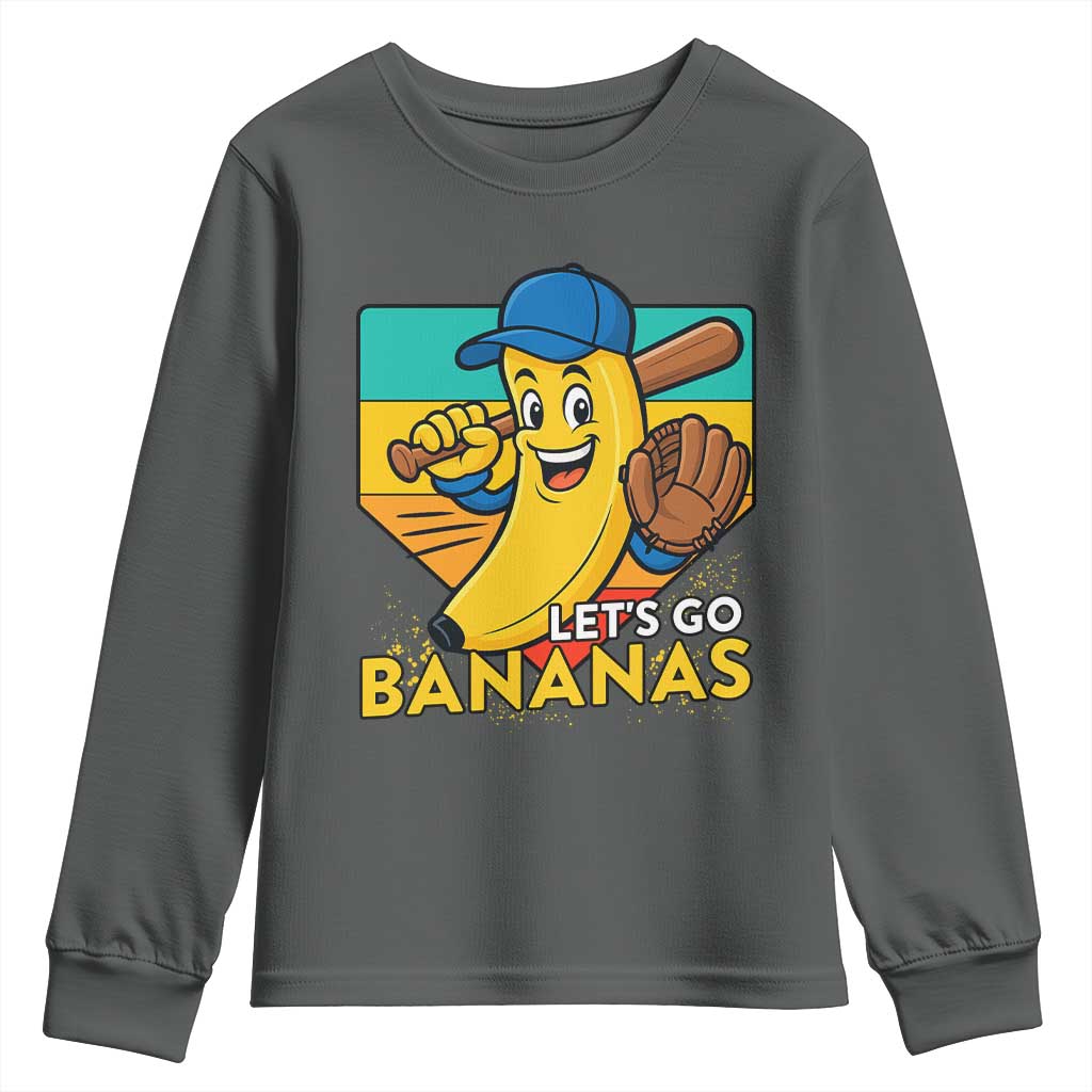 Lets Go Bananas Youth Sweatshirt Funny Banana Baseball Fruit Sports Gift TS12 Dark Heather Print Your Wear