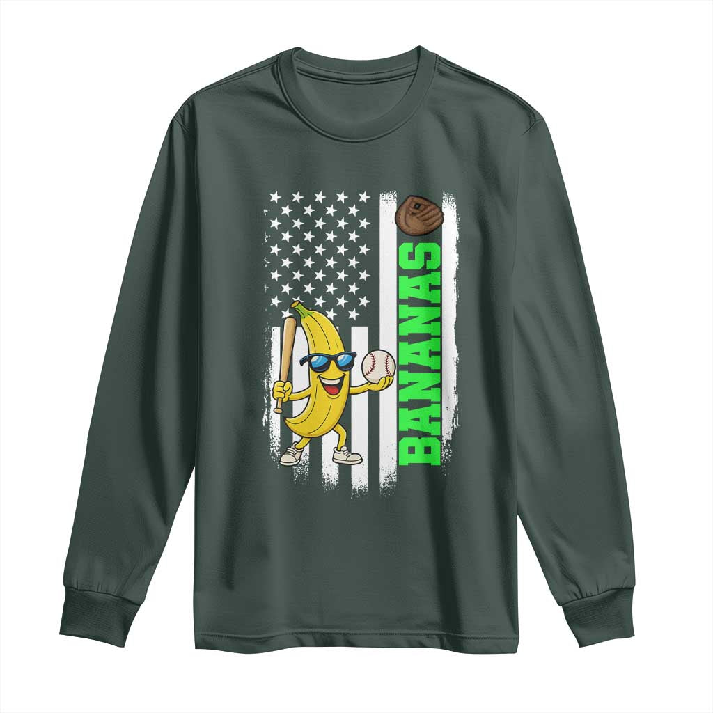 Banana Playing Baseball Lover Long Sleeve Shirt Retro American Flag TS12 Dark Forest Green Print Your Wear