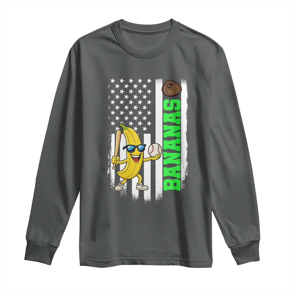 Banana Playing Baseball Lover Long Sleeve Shirt Retro American Flag TS12 Dark Heather Print Your Wear