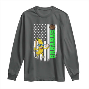 Banana Playing Baseball Lover Long Sleeve Shirt Retro American Flag TS12 Dark Heather Print Your Wear