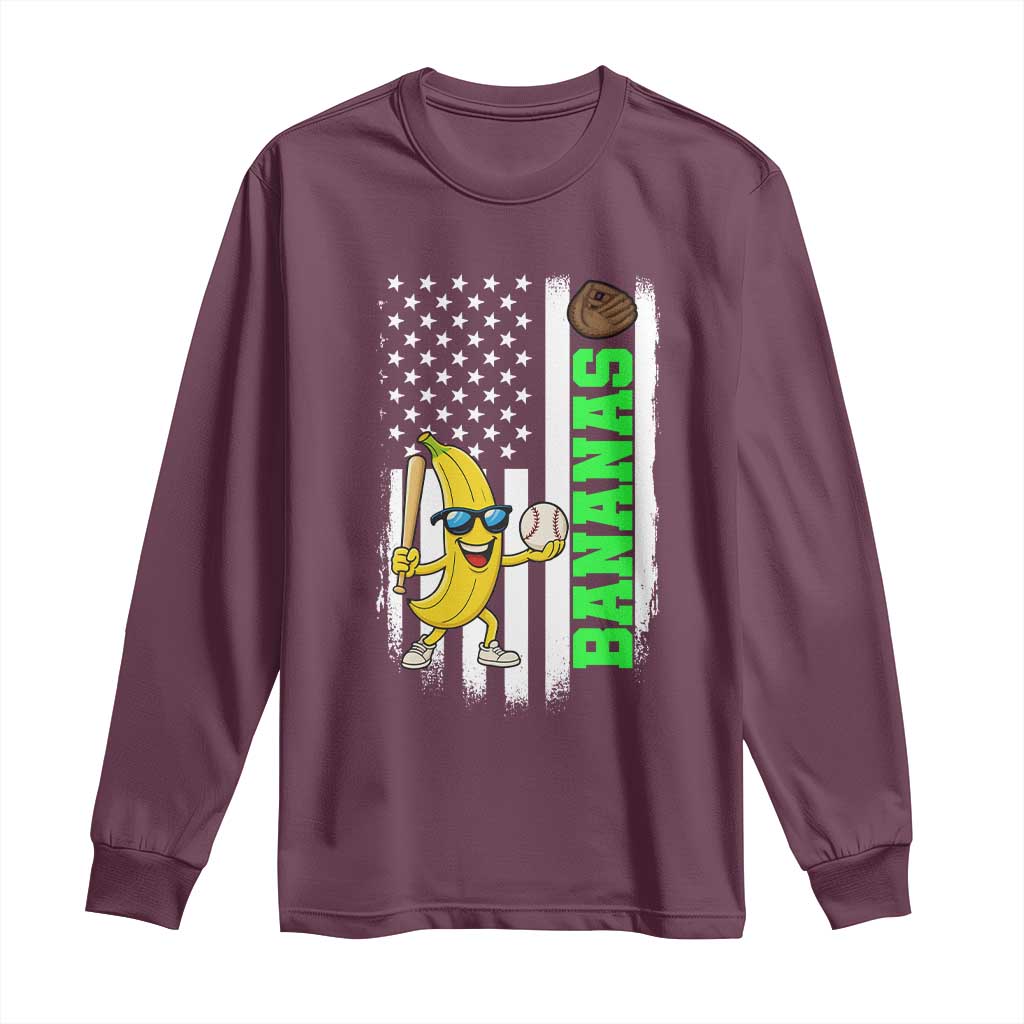 Banana Playing Baseball Lover Long Sleeve Shirt Retro American Flag TS12 Maroon Print Your Wear