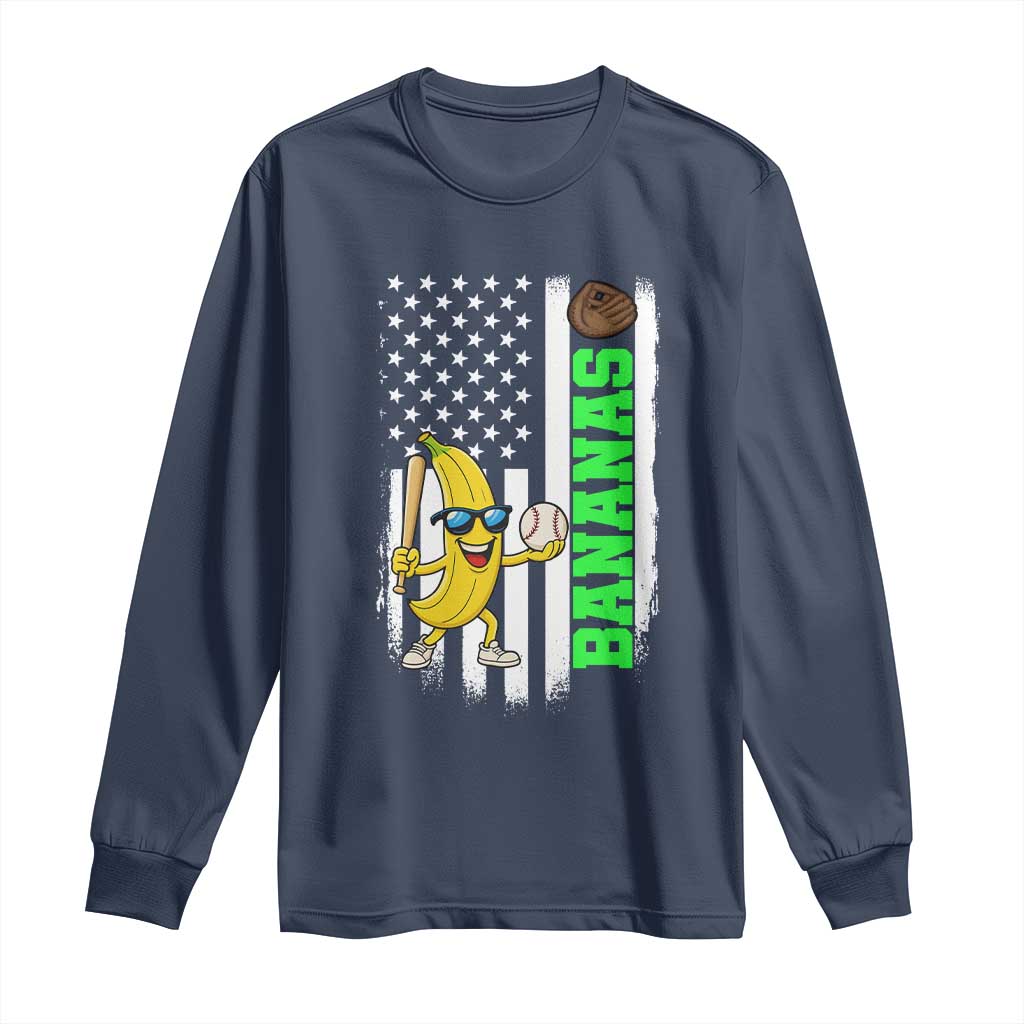Banana Playing Baseball Lover Long Sleeve Shirt Retro American Flag TS12 Navy Print Your Wear