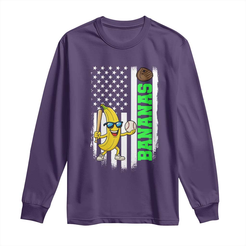 Banana Playing Baseball Lover Long Sleeve Shirt Retro American Flag TS12 Purple Print Your Wear