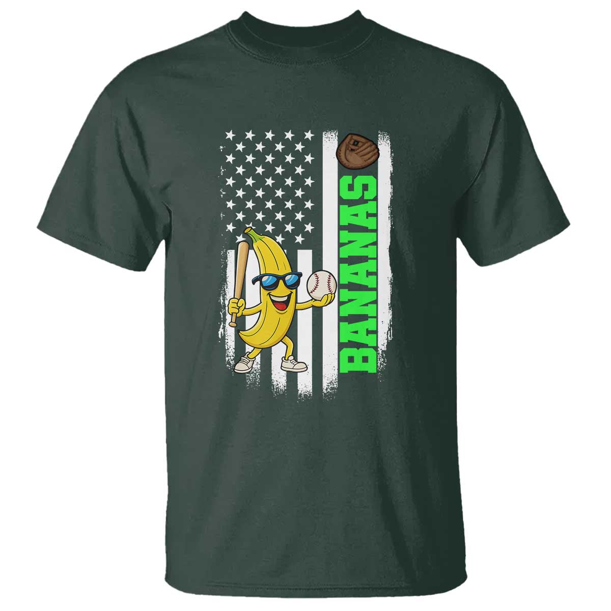 Banana Playing Baseball Lover T Shirt Retro American Flag TS12 Dark Forest Green Print Your Wear