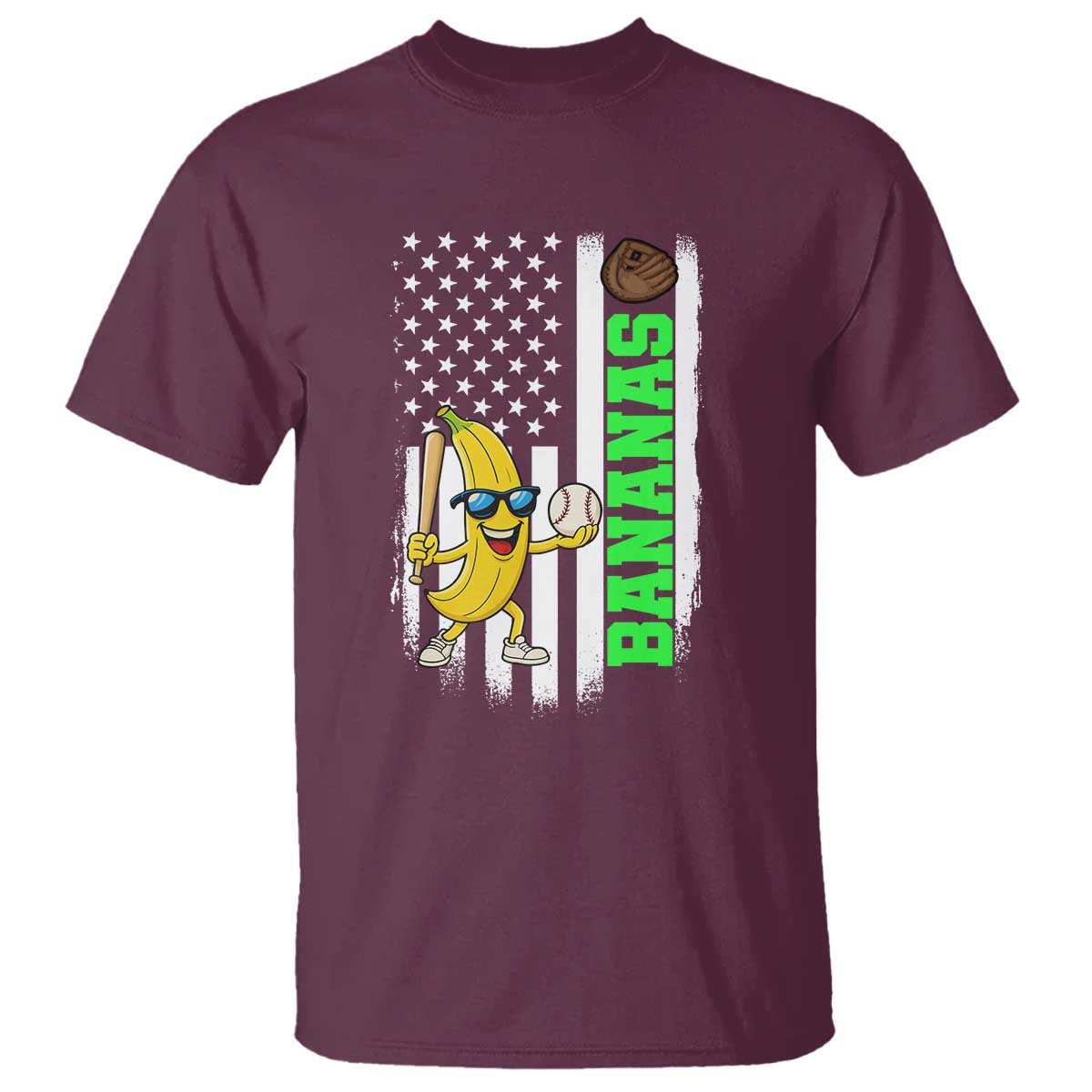 Banana Playing Baseball Lover T Shirt Retro American Flag TS12 Maroon Print Your Wear