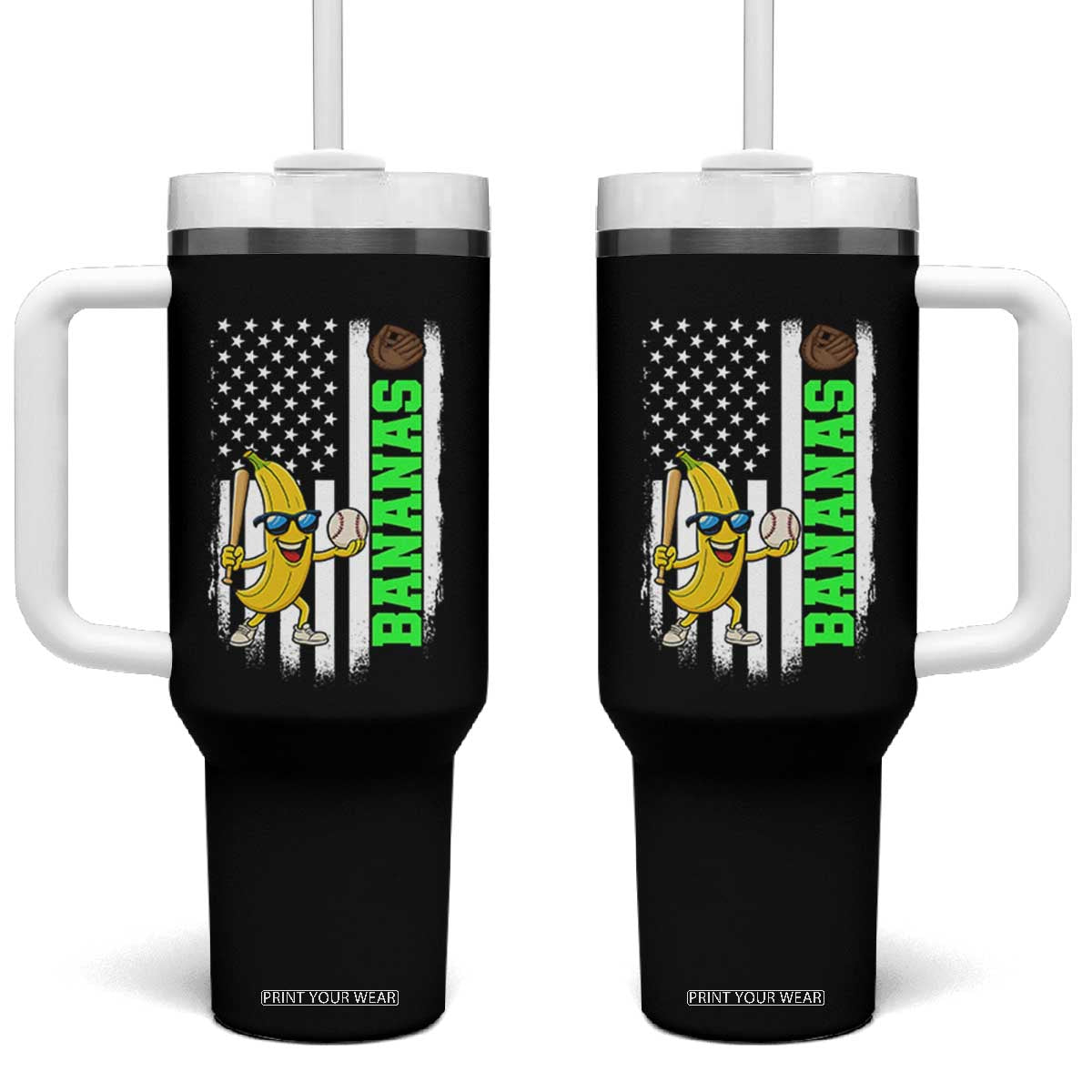 Banana Playing Baseball Lover Tumbler With Handle Retro American Flag TS12 One Size: 40 oz Black Print Your Wear