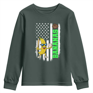 Banana Playing Baseball Lover Youth Sweatshirt Retro American Flag TS12 Dark Forest Green Print Your Wear