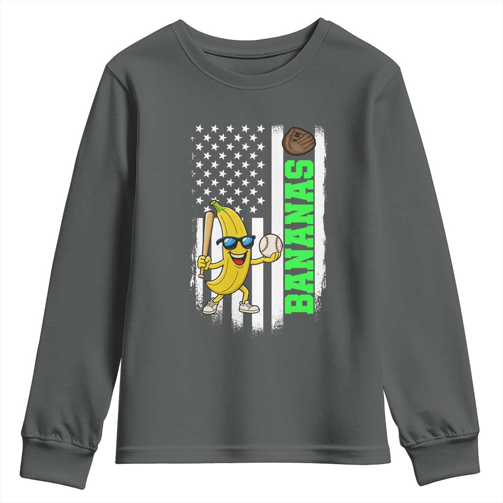 Banana Playing Baseball Lover Youth Sweatshirt Retro American Flag TS12 Dark Heather Print Your Wear