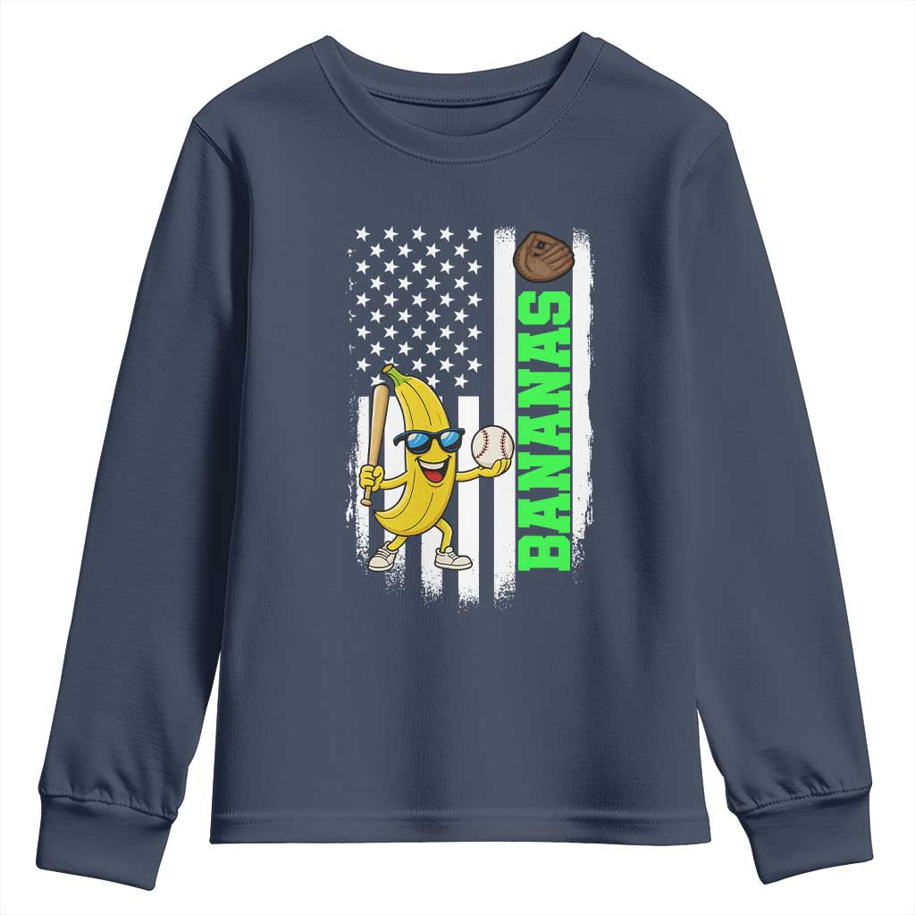 Banana Playing Baseball Lover Youth Sweatshirt Retro American Flag TS12 Navy Print Your Wear