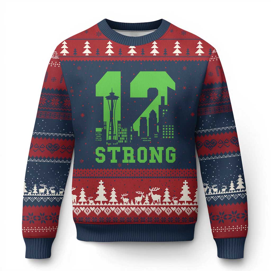 Space Needle Emerald City Skyline Number 12 Typography Ugly Christmas Sweater Pacific Northwest Fan Pride TS12 Navy Red Print Your Wear