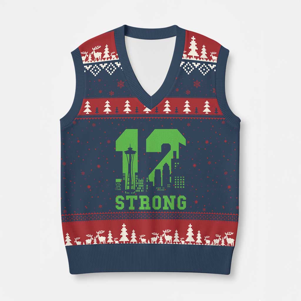 Space Needle Emerald City Skyline Number 12 Typography V-Neck Knit Sweater Vest Pacific Northwest Fan Pride TS12 Navy Red Print Your Wear