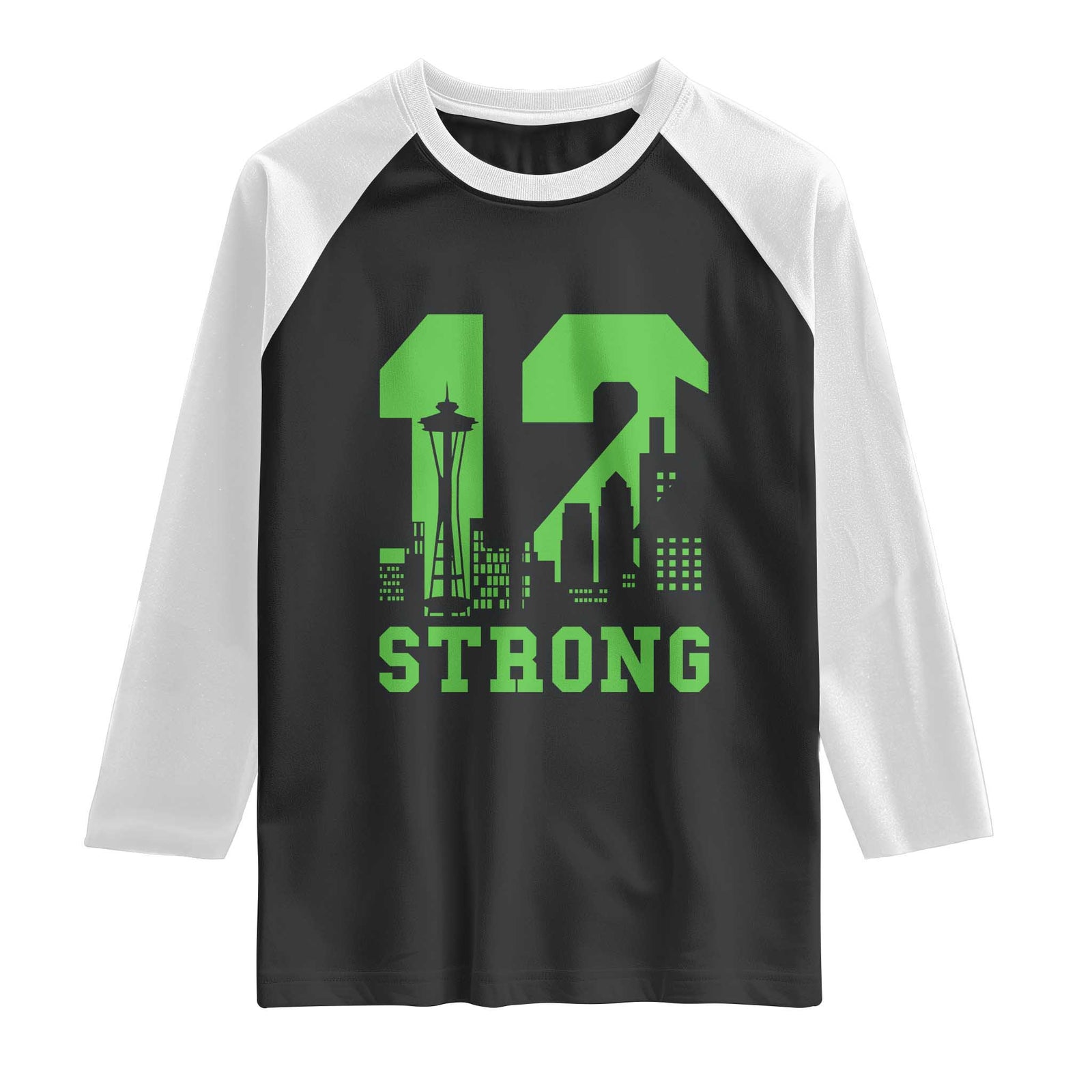 Space Needle Emerald City Skyline Number 12 Typography Raglan Shirt Pacific Northwest Fan Pride TS12 Black White Print Your Wear