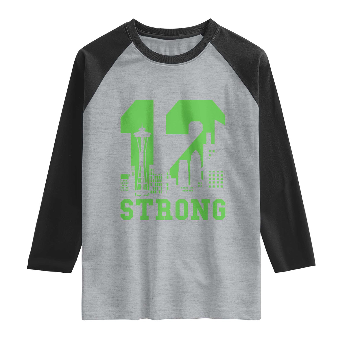 Space Needle Emerald City Skyline Number 12 Typography Raglan Shirt Pacific Northwest Fan Pride