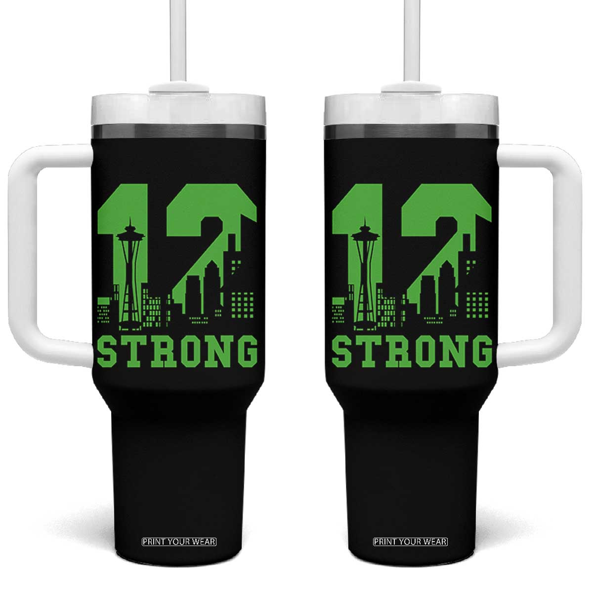 Space Needle Emerald City Skyline Number 12 Typography Tumbler With Handle Pacific Northwest Fan Pride TS12 One Size: 40 oz Black Print Your Wear