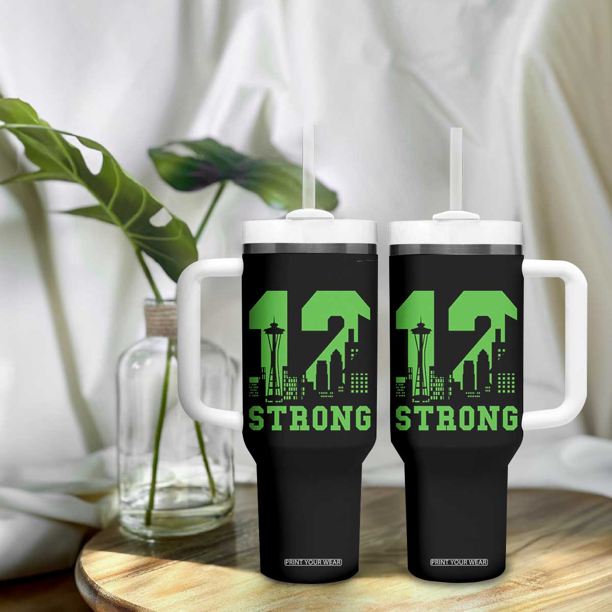 Space Needle Emerald City Skyline Number 12 Typography Tumbler With Handle Pacific Northwest Fan Pride