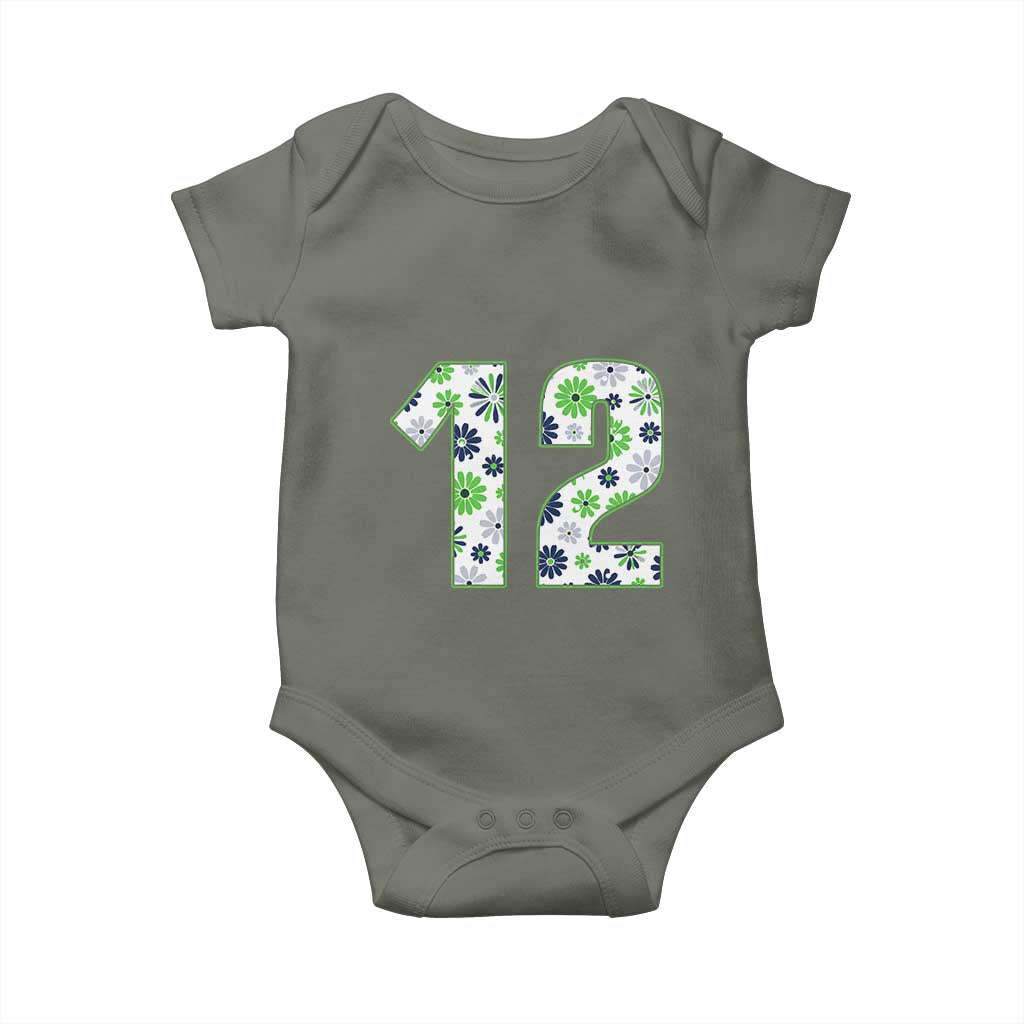 Floral Green Blue Game Day Baby Onesie Number 12 Sports Fan
