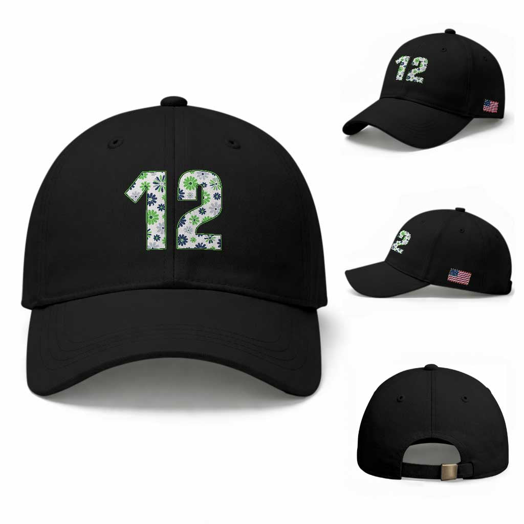 Floral Green Blue Game Day Baseball Cap Number 12 Sports Fan
