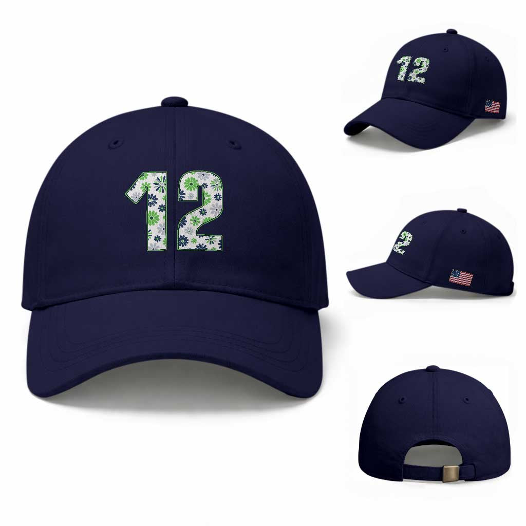 Floral Green Blue Game Day Baseball Cap Number 12 Sports Fan