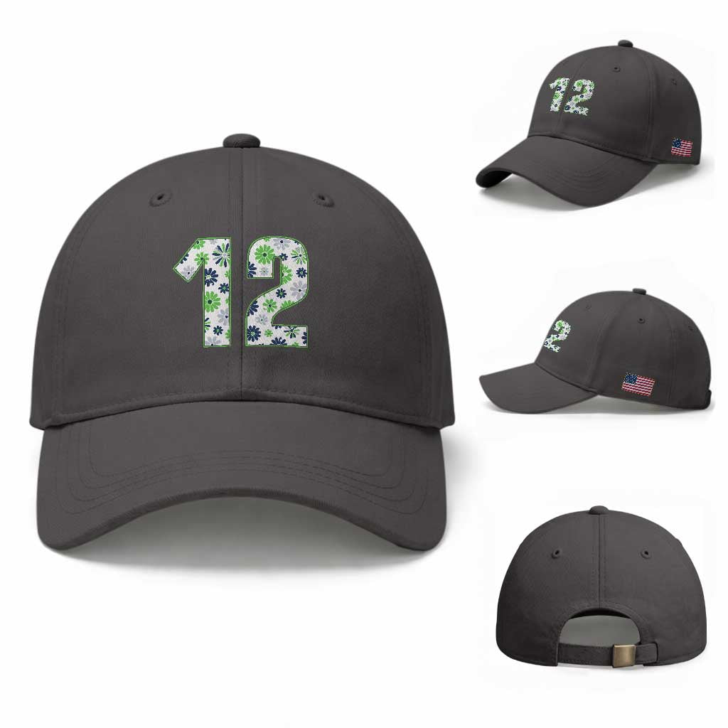 Floral Green Blue Game Day Baseball Cap Number 12 Sports Fan