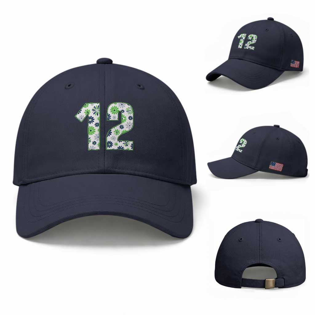 Floral Green Blue Game Day Baseball Cap Number 12 Sports Fan