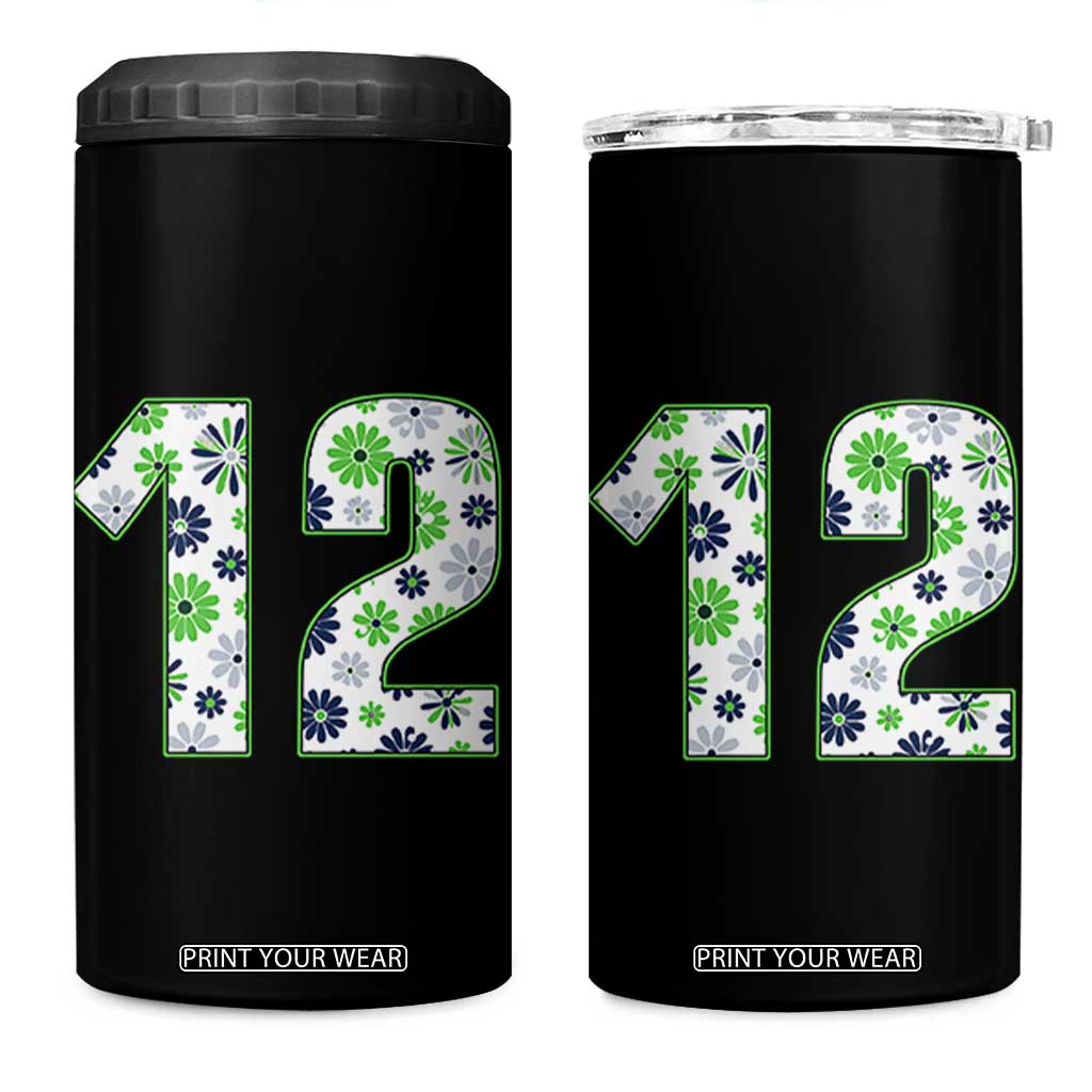 Floral Green Blue Game Day 4 in 1 Can Cooler Tumbler Number 12 Sports Fan