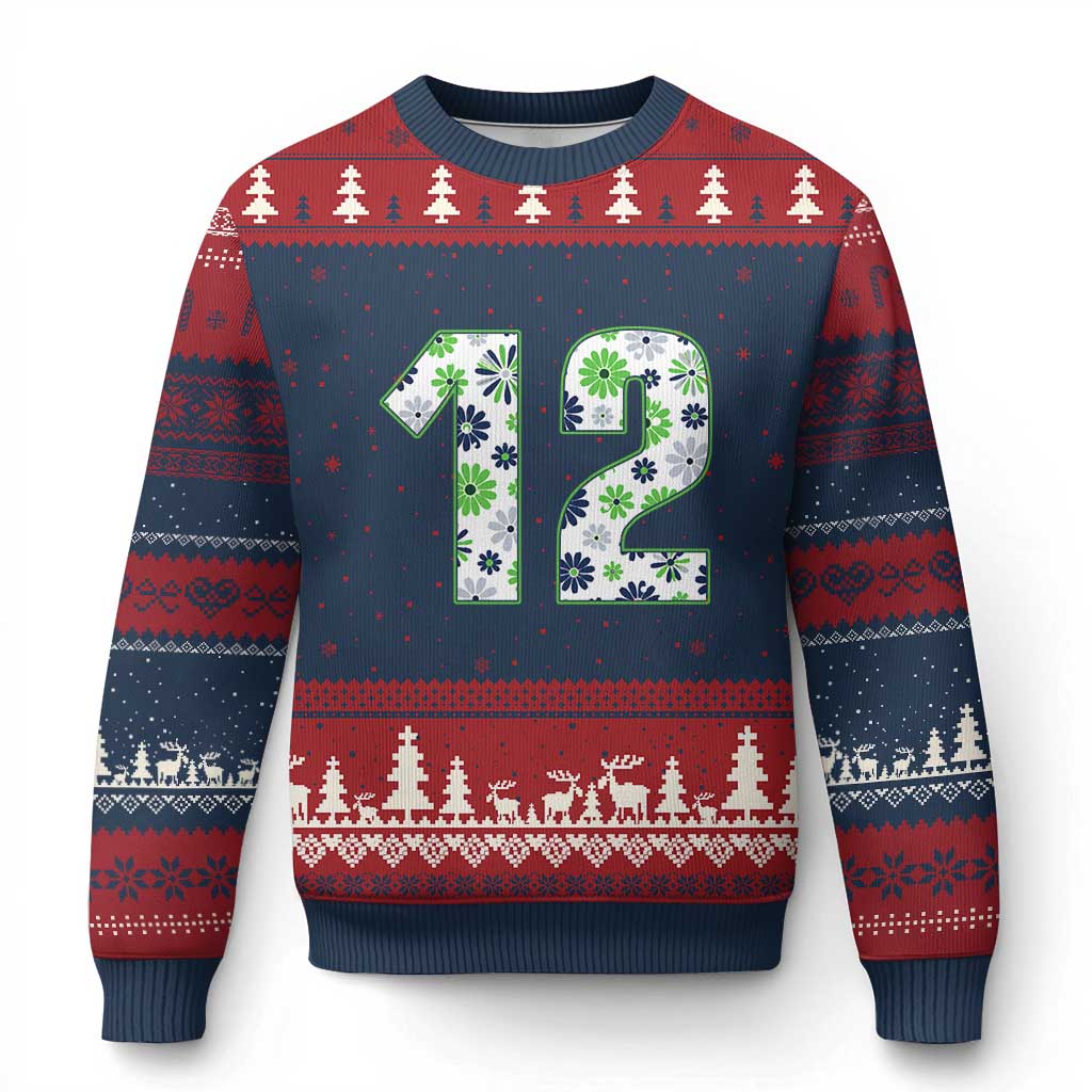 Floral Green Blue Game Day Ugly Christmas Sweater Number 12 Sports Fan TS12 Navy Red Print Your Wear