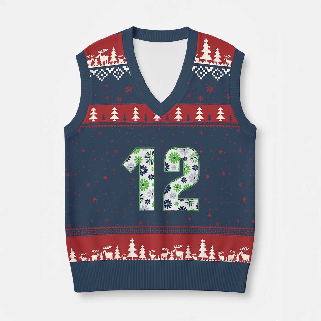Floral Green Blue Game Day V-Neck Knit Sweater Vest Number 12 Sports Fan TS12 Navy Red Print Your Wear
