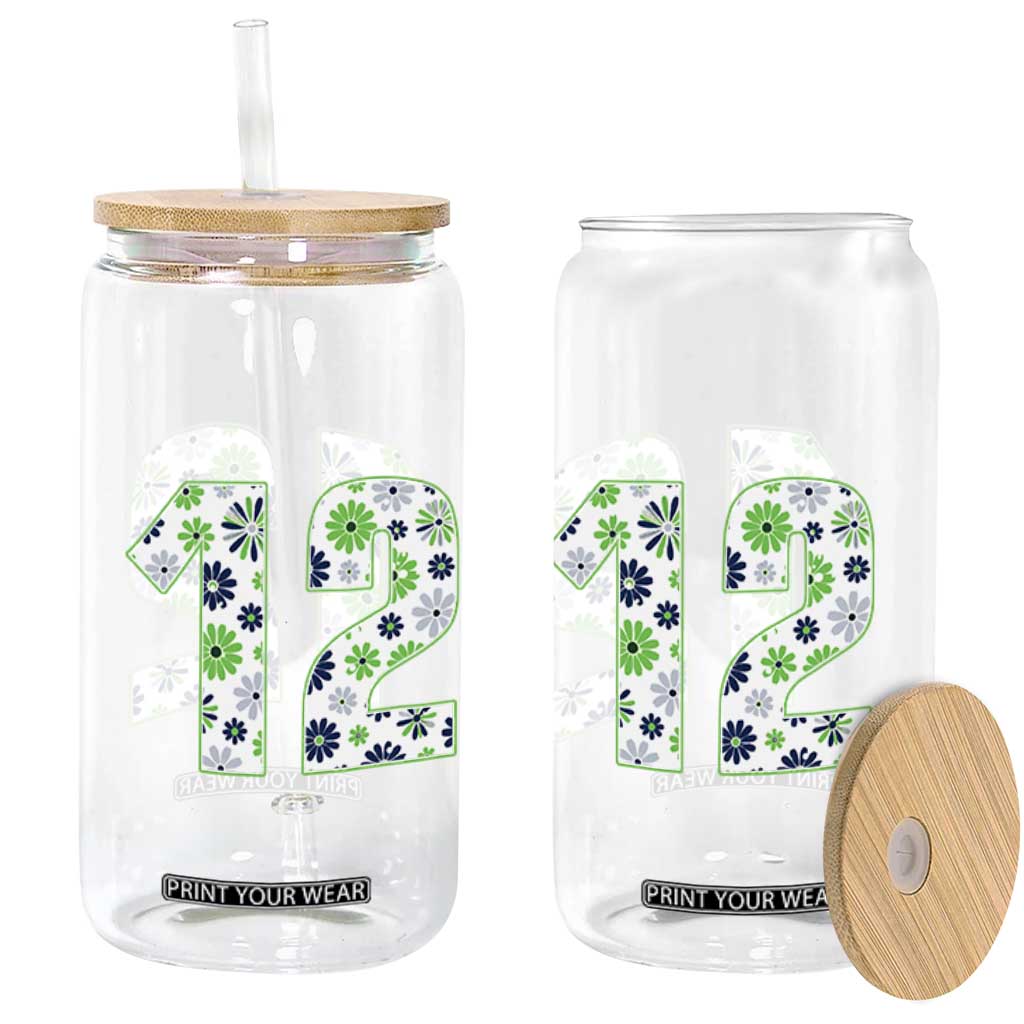 Floral Green Blue Game Day Glass Can Number 12 Sports Fan