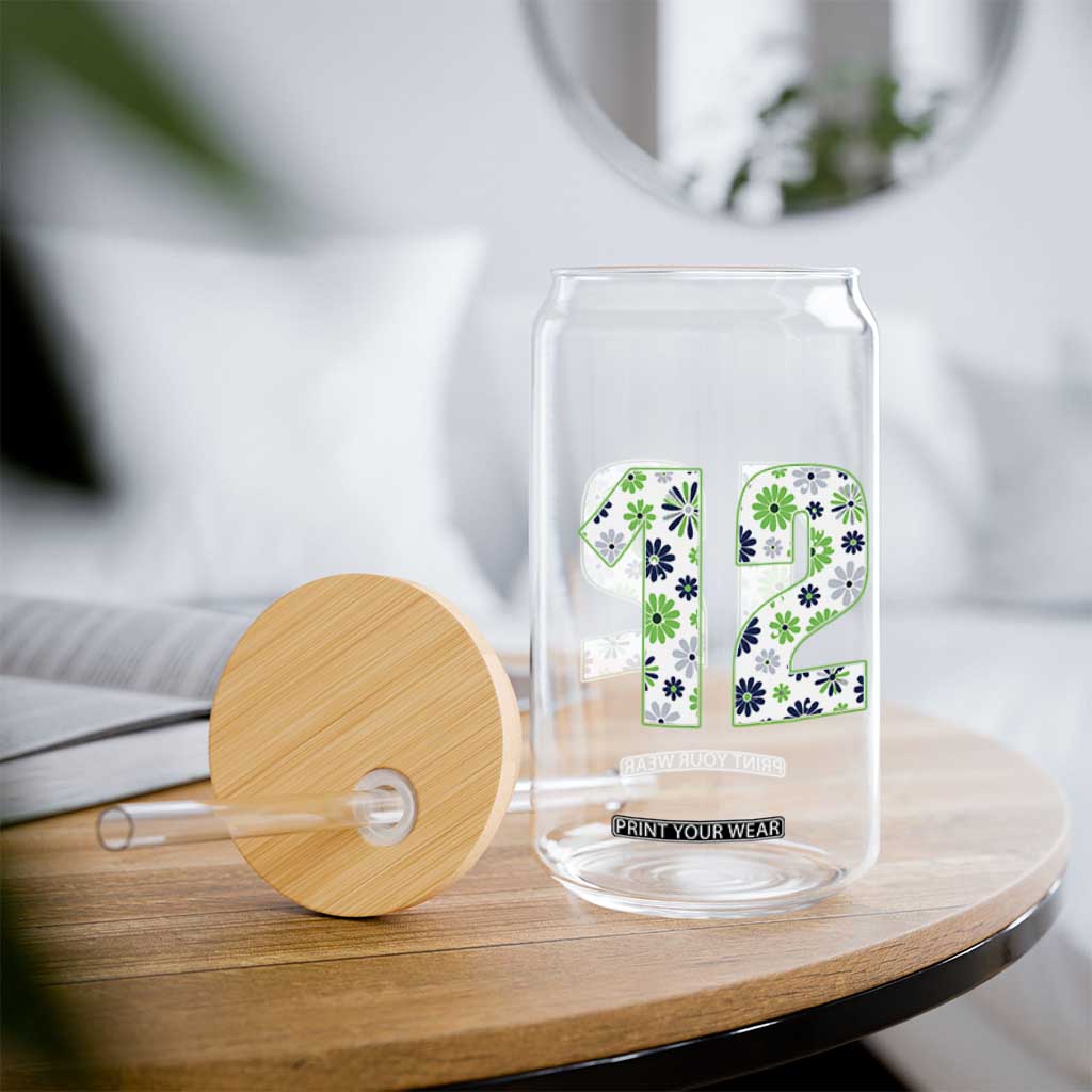 Floral Green Blue Game Day Glass Can Number 12 Sports Fan