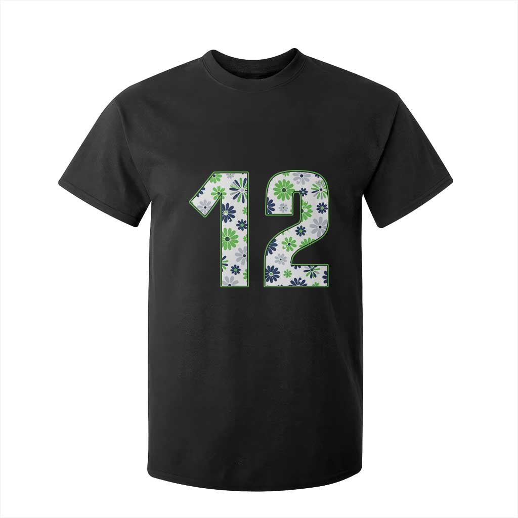 Floral Green Blue Game Day T Shirt For Kid Number 12 Sports Fan