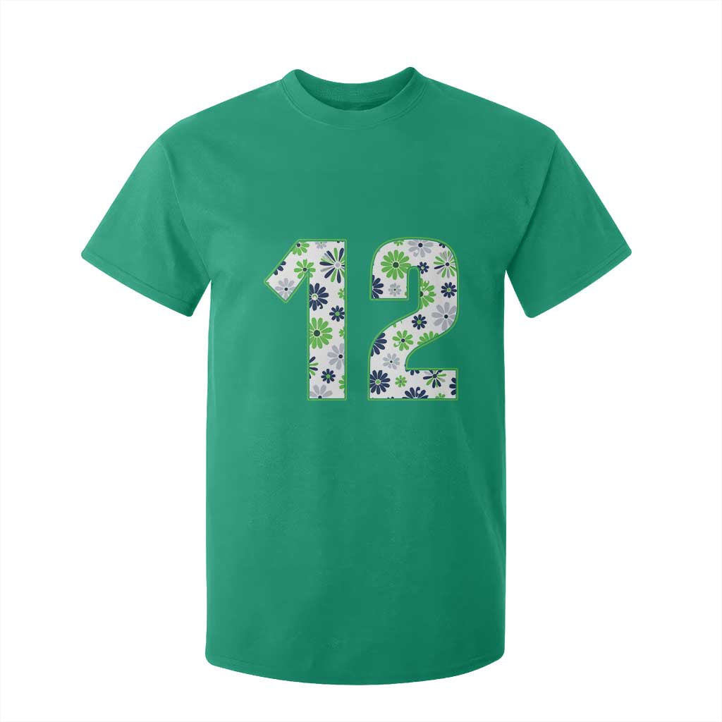 Floral Green Blue Game Day T Shirt For Kid Number 12 Sports Fan