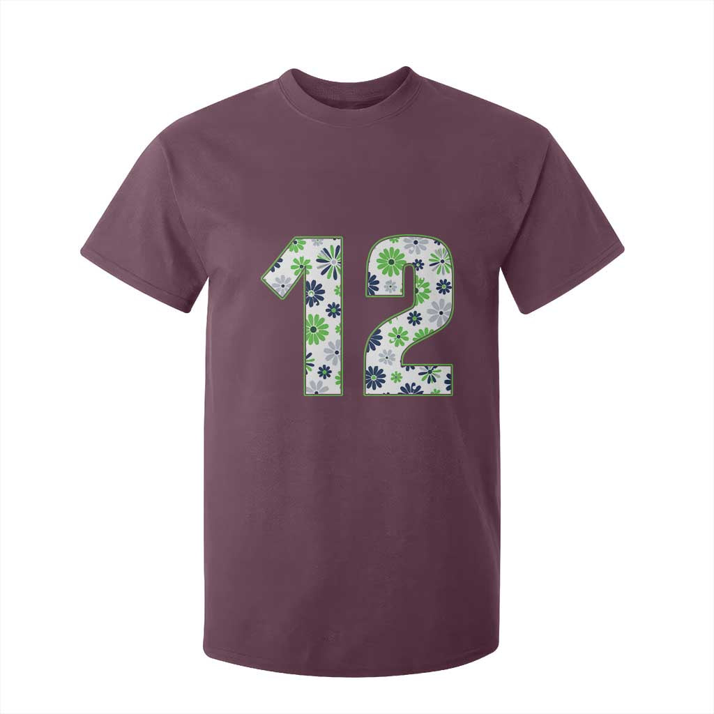 Floral Green Blue Game Day T Shirt For Kid Number 12 Sports Fan