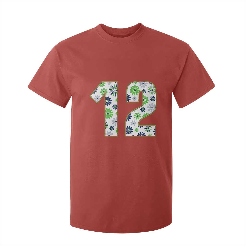 Floral Green Blue Game Day T Shirt For Kid Number 12 Sports Fan