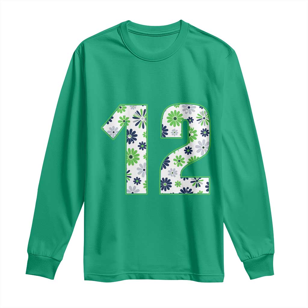 Floral Green Blue Game Day Long Sleeve Shirt Number 12 Sports Fan