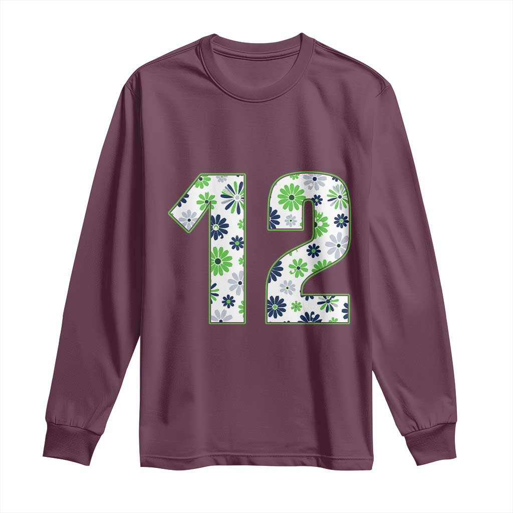 Floral Green Blue Game Day Long Sleeve Shirt Number 12 Sports Fan