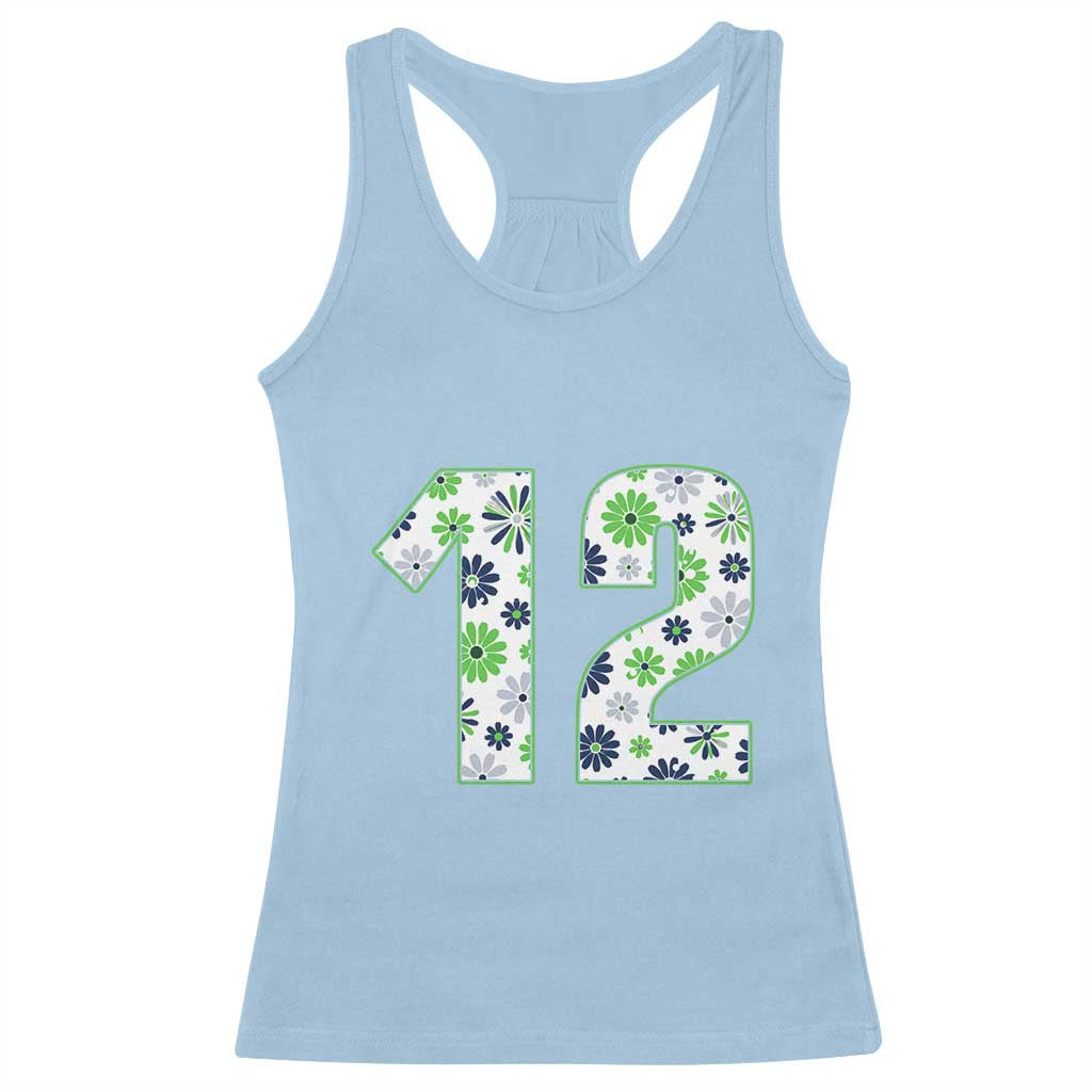Floral Green Blue Game Day Racerback Tank Top Number 12 Sports Fan